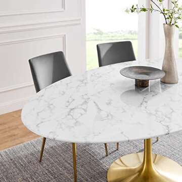 Modway Lippa 78" Oval-Shaped Mid-Century Modern Dining Table with Artificial Marble Top and Gold Bas...