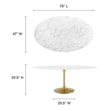 Modway Lippa 78" Oval-Shaped Mid-Century Modern Dining Table with Artificial Marble Top and Gold Base