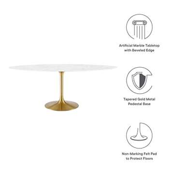 Modway Lippa 78" Oval-Shaped Mid-Century Modern Dining Table with Artificial Marble Top and Gold Base