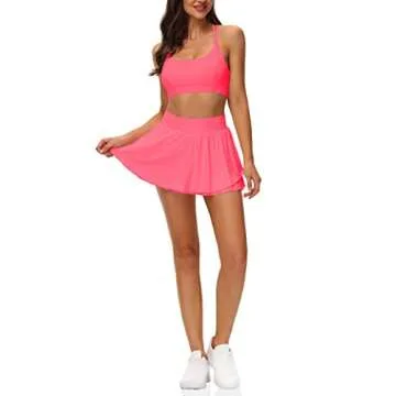 UrKeuf Flowy Tennis Skirts for Women with Pockets 13in Mini Ruffle Summer Cute Casual Ice Silk Skorts with Sports Shorts Rose Pink