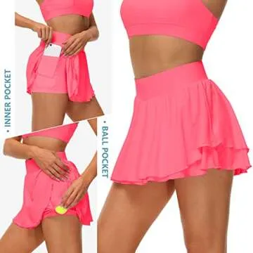 UrKeuf Flowy Tennis Skirts for Women with Pockets 13in Mini Ruffle Summer Cute Casual Ice Silk Skorts with Sports Shorts Rose Pink
