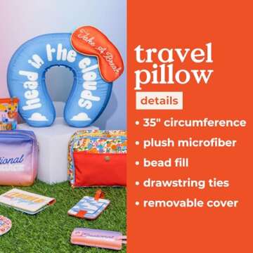 ban.do Getaway Travel Pillow with Washable Cover, Blue Neck Pillow for Sleeping in Airplanes or Cars, Head in The Clouds