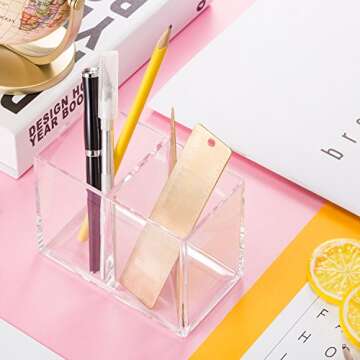 Gejoy Acrylic Pencil Pen Holder Clear Makeup Brush Organizer 2 Compartments for Desktop Stationery Office Bedroom