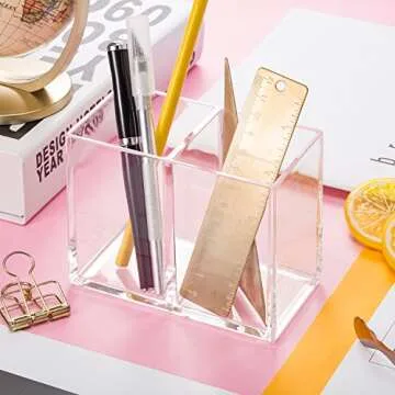 Gejoy Acrylic Pencil Pen Holder Clear Makeup Brush Organizer 2 Compartments for Desktop Stationery Office Bedroom