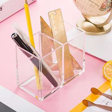 Gejoy Acrylic Pencil Pen Holder Clear Makeup Brush Organizer 2 Compartments for Desktop Stationery Office Bedroom