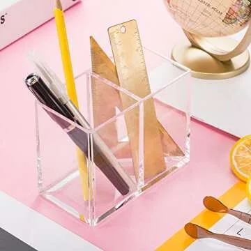 Gejoy Acrylic Pencil Pen Holder Clear Makeup Brush Organizer 2 Compartments for Desktop Stationery Office Bedroom
