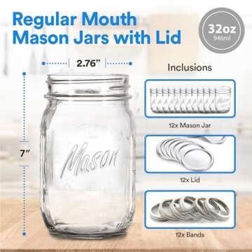 Regular Mouth Mason Jars 32 oz. (12 Pack) - Quart Size Jars with Airtight Lids and Bands - Made in USA - for Canning, Fermenting, Pickling, or DIY Decors and Projects Bundled with Jar Opener