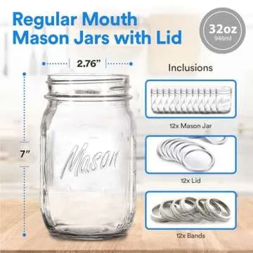 Regular Mouth Mason Jars 32 oz. (12 Pack) - Quart Size Jars with Airtight Lids and Bands - Made in USA - for Canning, Fermenting, Pickling, or DIY Decors and Projects Bundled with Jar Opener
