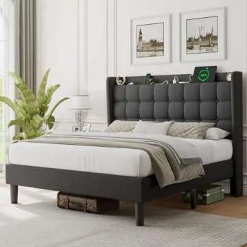 iPormis Full Size Upholstered Platform Bed, Button Tufted Wingback Bed Frame with Charging & Storage Headboard, No Box Spring Needed, Dark Gray