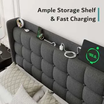 iPormis Full Size Upholstered Platform Bed, Button Tufted Wingback Bed Frame with Charging & Storage Headboard, No Box Spring Needed, Dark Gray