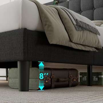 iPormis Full Size Upholstered Platform Bed, Button Tufted Wingback Bed Frame with Charging & Storage Headboard, No Box Spring Needed, Dark Gray