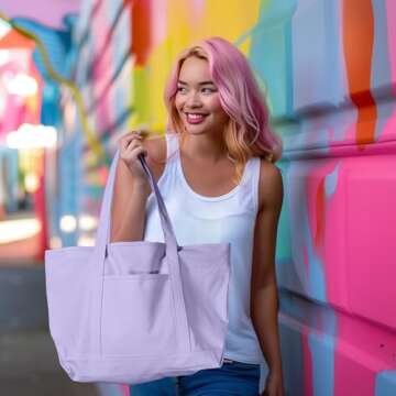 DALIX Womens 23" Deluxe 24 oz. Cotton Canvas Tote Bag Zippered in Lavender