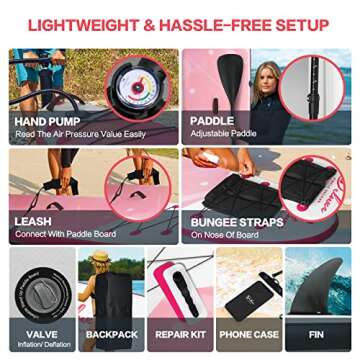 Inflatable Stand Up Paddle Board – Simple Deluxe Premium SUP for All Skill Levels,Paddle Boards for Adults & Youth, Blow Up Stand-Up Paddleboards with Accessories,Non-Slip Deck,Waterproof Bag,Pink