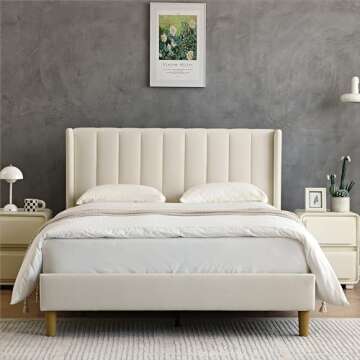 YUHUASHI upholstered Platform Bed Frame/Full Bed Frame/Modern Geometric Double-Wing Design headboard/Velvet Fabric/Easy to Assemble no Noise (Cream, Full)