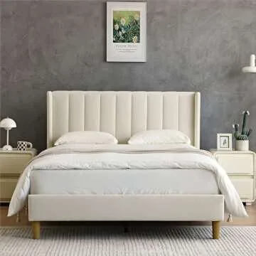 YUHUASHI upholstered Platform Bed Frame/Full Bed Frame/Modern Geometric Double-Wing Design headboard/Velvet Fabric/Easy to Assemble no Noise (Cream, Full)