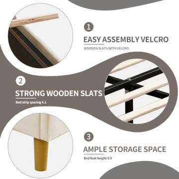 YUHUASHI upholstered Platform Bed Frame/Full Bed Frame/Modern Geometric Double-Wing Design headboard/Velvet Fabric/Easy to Assemble no Noise (Cream, Full)