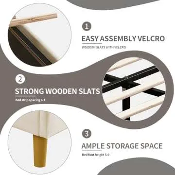 YUHUASHI upholstered Platform Bed Frame/Full Bed Frame/Modern Geometric Double-Wing Design headboard/Velvet Fabric/Easy to Assemble no Noise (Cream, Full)