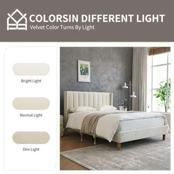 YUHUASHI upholstered Platform Bed Frame/Full Bed Frame/Modern Geometric Double-Wing Design headboard/Velvet Fabric/Easy to Assemble no Noise (Cream, Full)
