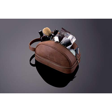 Vetell Classic Leather Men's Travel Toiletry Bag and Dopp Kit with Upper and Lower Zippered Compartments, 2 Mesh Bottle Pouches and Carrying Handle