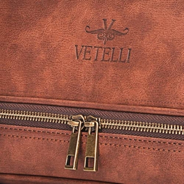 Vetell Classic Leather Men's Travel Toiletry Bag and Dopp Kit with Upper and Lower Zippered Compartments, 2 Mesh Bottle Pouches and Carrying Handle