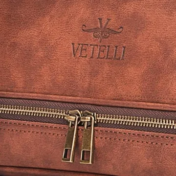 Vetell Classic Leather Men's Travel Toiletry Bag and Dopp Kit with Upper and Lower Zippered Compartments, 2 Mesh Bottle Pouches and Carrying Handle