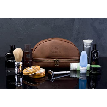 Vetell Classic Leather Men's Travel Toiletry Bag and Dopp Kit with Upper and Lower Zippered Compartments, 2 Mesh Bottle Pouches and Carrying Handle