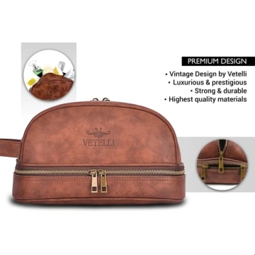 Vetell Classic Leather Men's Travel Toiletry Bag and Dopp Kit with Upper and Lower Zippered Compartments, 2 Mesh Bottle Pouches and Carrying Handle