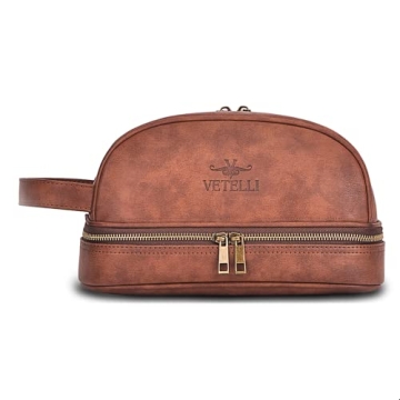Vetell Classic Leather Men's Travel Toiletry Bag and Dopp Kit with Upper and Lower Zippered Compartments, 2 Mesh Bottle Pouches and Carrying Handle