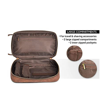 Vetell Classic Leather Men's Travel Toiletry Bag and Dopp Kit with Upper and Lower Zippered Compartments, 2 Mesh Bottle Pouches and Carrying Handle