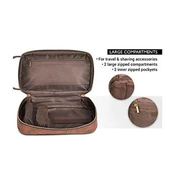 Vetell Classic Leather Men's Travel Toiletry Bag and Dopp Kit with Upper and Lower Zippered Compartments, 2 Mesh Bottle Pouches and Carrying Handle