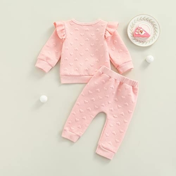 Ynibbim Valentine Baby Girl Clothes Set Ruffle Long Sleeve Sweatshirts Tops Pants Heart-Shape Printed Outfit (Pink, 0-3 Months)