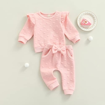 Ynibbim Valentine Baby Girl Clothes Set Ruffle Long Sleeve Sweatshirts Tops Pants Heart-Shape Printed Outfit (Pink, 0-3 Months)