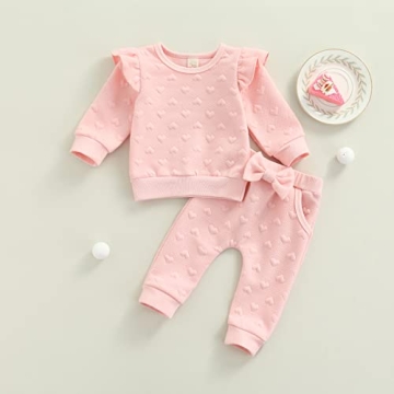 Ynibbim Valentine Baby Girl Clothes Set Ruffle Long Sleeve Sweatshirts Tops Pants Heart-Shape Printed Outfit (Pink, 0-3 Months)