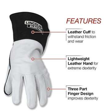 Lincoln Electric Grain Leather TIG Welding Gloves | High Dexterity | XL | K2981-XL, White/Black