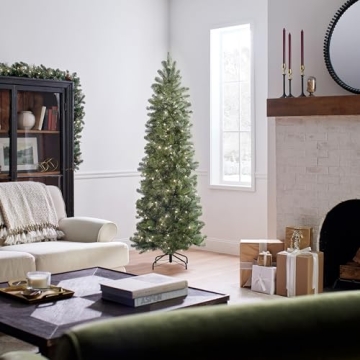 National Tree Company Pre-Lit 'Feel Real' Artificial Slim Downswept Christmas Tree, Green, Douglas Fir, White Lights, Includes Stand, 6.5 feet