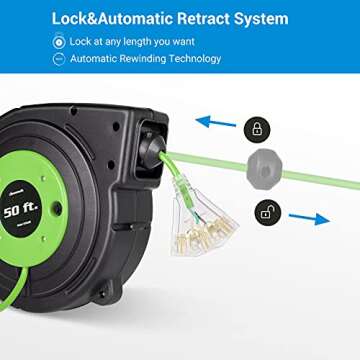 DEWENWILS Retractable Cord Reel, 50FT Extension Cord Reel, 14AWG/3C SJTOW, Grounded Outlets Lighted ...