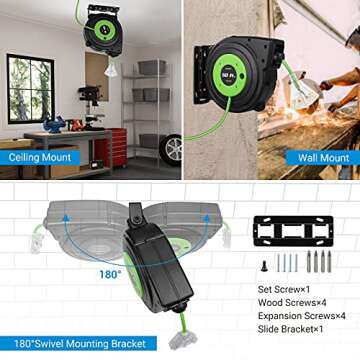 DEWENWILS Retractable Cord Reel, 50FT Extension Cord Reel, 14AWG/3C SJTOW, Grounded Outlets Lighted Triple Tap, 13 Amp Circuit Breaker, Wall/Ceiling Mountable, UL Listed
