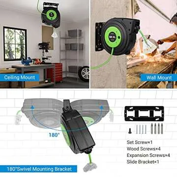 DEWENWILS Retractable Cord Reel, 50FT Extension Cord Reel, 14AWG/3C SJTOW, Grounded Outlets Lighted Triple Tap, 13 Amp Circuit Breaker, Wall/Ceiling Mountable, UL Listed