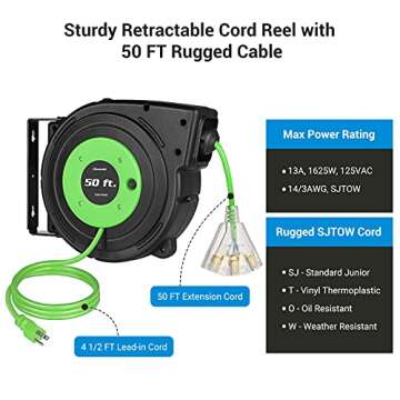 DEWENWILS Retractable Cord Reel, 50FT Extension Cord Reel, 14AWG/3C SJTOW, Grounded Outlets Lighted Triple Tap, 13 Amp Circuit Breaker, Wall/Ceiling Mountable, UL Listed