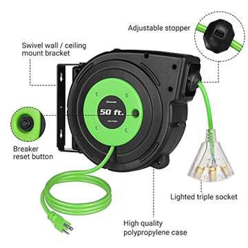 DEWENWILS Retractable Cord Reel, 50FT Extension Cord Reel, 14AWG/3C SJTOW, Grounded Outlets Lighted Triple Tap, 13 Amp Circuit Breaker, Wall/Ceiling Mountable, UL Listed