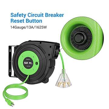 DEWENWILS Retractable Cord Reel, 50FT Extension Cord Reel, 14AWG/3C SJTOW, Grounded Outlets Lighted Triple Tap, 13 Amp Circuit Breaker, Wall/Ceiling Mountable, UL Listed