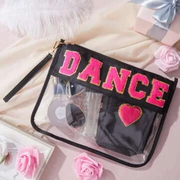 Hillban 2 Pcs Dance Recital Gifts Clear Makeup Bag Chenille Letter Patch Cosmetic Bag Dance Competition Gift Toiletry Pouches with Zipper Waterproof Travel Purse for Team Teacher Appreciation