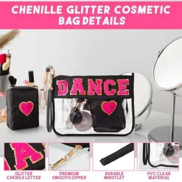 Hillban 2 Pcs Dance Recital Gifts Clear Makeup Bag Chenille Letter Patch Cosmetic Bag Dance Competition Gift Toiletry Pouches with Zipper Waterproof Travel Purse for Team Teacher Appreciation