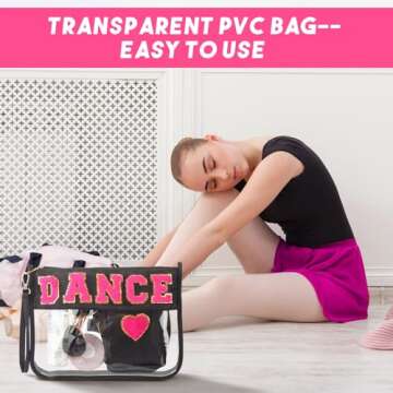 Hillban 2 Pcs Dance Recital Gifts Clear Makeup Bag Chenille Letter Patch Cosmetic Bag Dance Competition Gift Toiletry Pouches with Zipper Waterproof Travel Purse for Team Teacher Appreciation