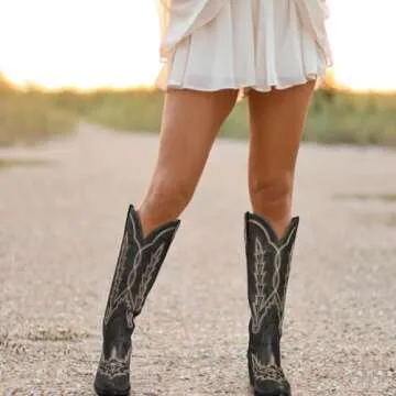 Ouepiano Black Cowboy Boots for Women Cowgirl Boots Western Boots Black Knee High Boots for Women Pull On Tall Cowgirl Boots Size 8.5