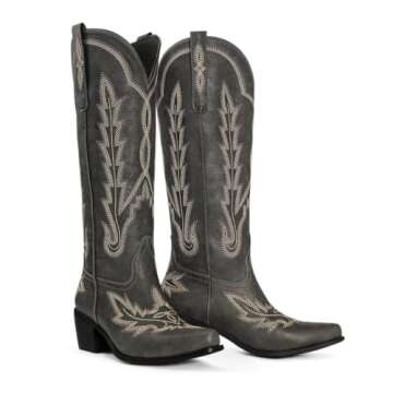 Ouepiano Black Cowboy Boots for Women Cowgirl Boots Western Boots Black Knee High Boots for Women Pull On Tall Cowgirl Boots Size 8.5