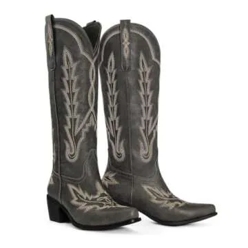 Ouepiano Black Cowboy Boots for Women Cowgirl Boots Western Boots Black Knee High Boots for Women Pull On Tall Cowgirl Boots Size 8.5