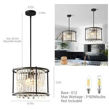 LMQNINE Dining Room Light Fixture, 3-Light Round Industrial Chandelier Crystal Pendant Lights Kitchen Island Modern Chandeliers for Entryway Dining Room Living Room (15.74 inch Black)
