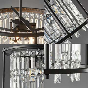 LMQNINE Dining Room Light Fixture, 3-Light Round Industrial Chandelier Crystal Pendant Lights Kitchen Island Modern Chandeliers for Entryway Dining Room Living Room (15.74 inch Black)