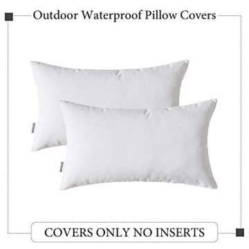 Woaboy Pack of 2 Outdoor Waterproof Decorative Throw Pillow Covers Lumbar Square Pillowcase Solid Cushion Cases for Living Room Chairs Sofa Home Decor White 12x20 inch